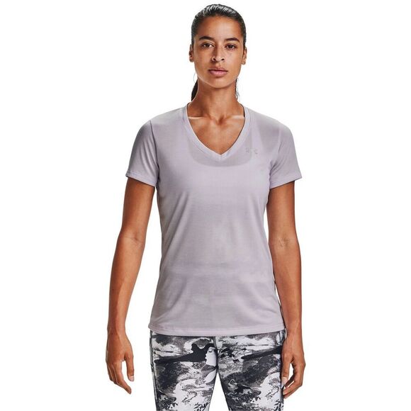 Womens Under Armour Lilac Heathered Tech Twist V-Neck Short Sleeve Shirt - Sz XS - Picture 1 of 2